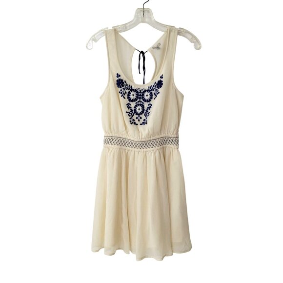 Ecote Dresses & Skirts - Ecote Cream and Blue Embroidered Sleeveless Mini Dress